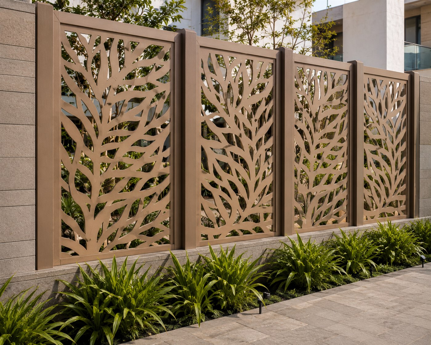 Leaf-pattern architectural screens beside a landscaped walkway